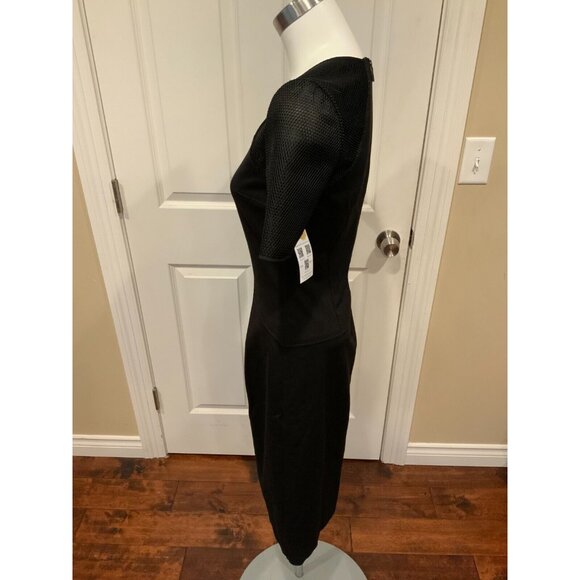 Elie Tahari Black V-Neck Pencil Short Sleeve Dress w/ Mesh Panels, Size 2 - Picture 5 of 7